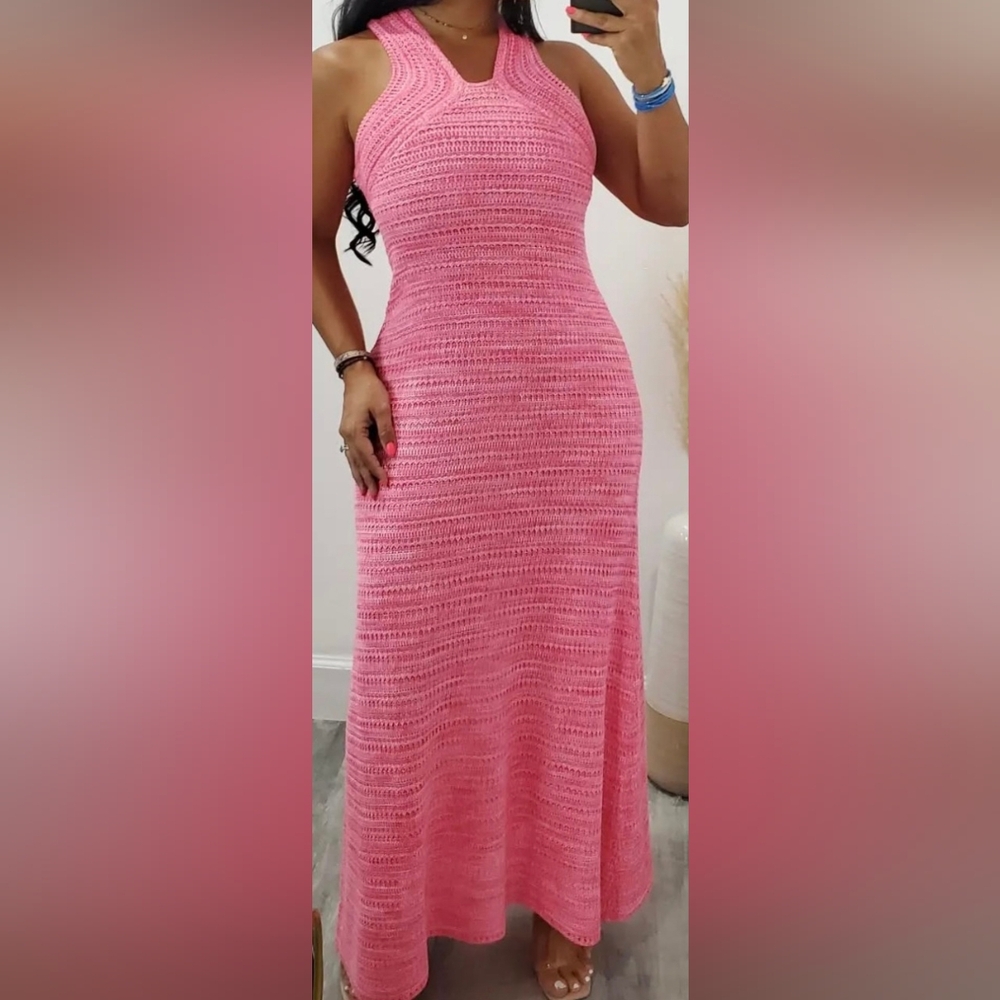Pink Ribbed A-Line Midi Dress for Resort Wear
